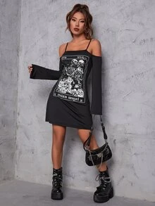 Letter & Skull Print Cold Shoulder Dress - Black - View 5