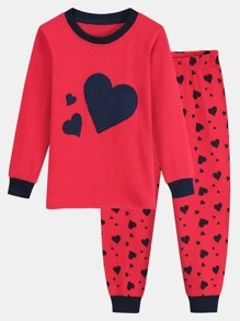 Girls Heart Print Contrast Trim Snug Fit PJ Set - Red - View 1