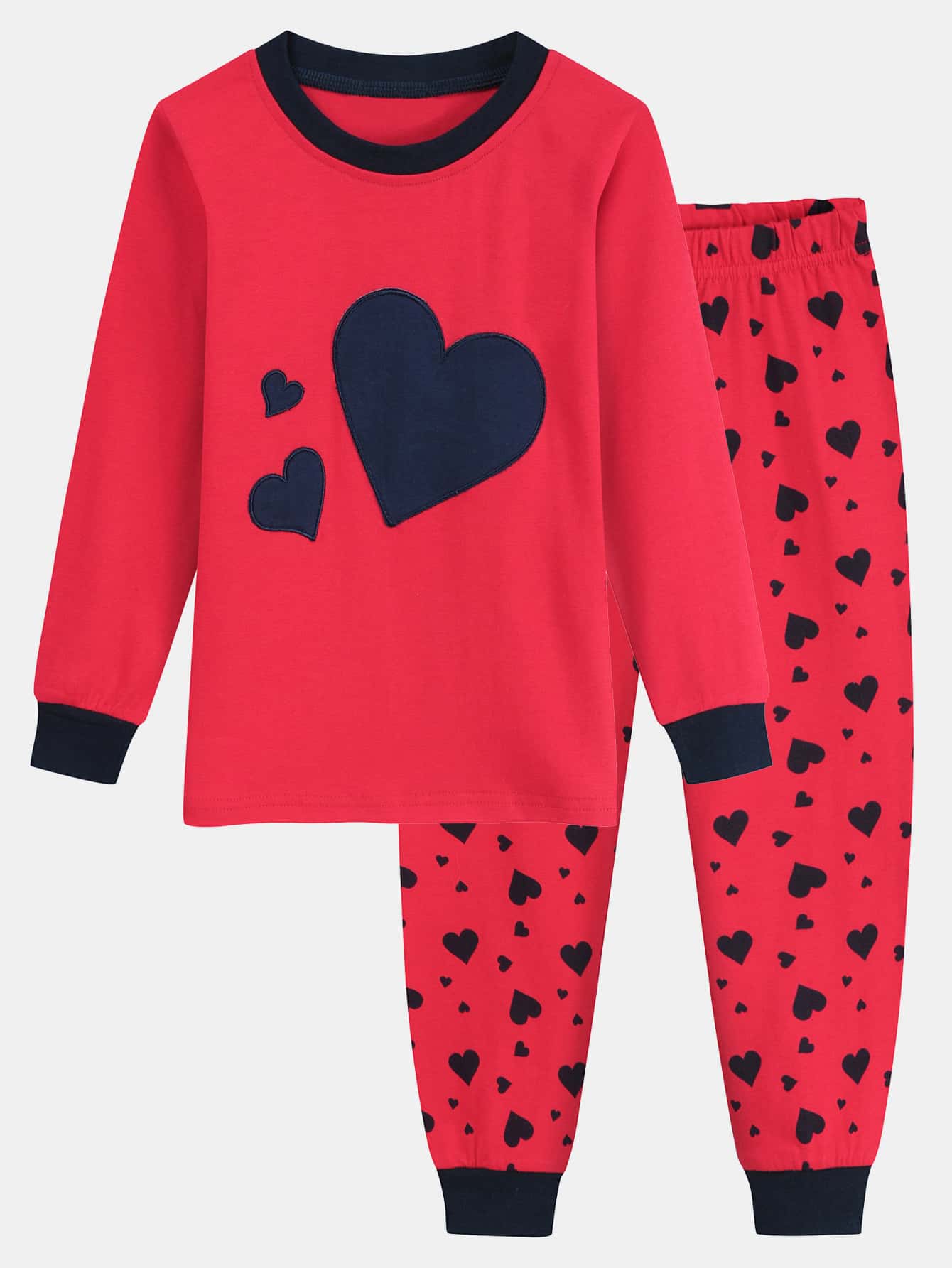 Girls Heart Print Contrast Trim Snug Fit PJ Set - Red - View 1