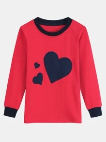 Girls Heart Print Contrast Trim Snug Fit PJ Set - Red - View 3