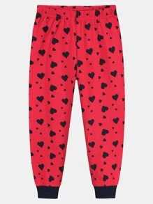 Girls Heart Print Contrast Trim Snug Fit PJ Set - Red - View 5