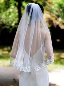 花朵与人造珍珠装饰新娘面纱 - 白色 - 查看 1