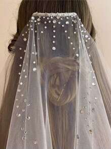 女士水钻装饰新娘面纱秋装 - 白色 - 查看 1