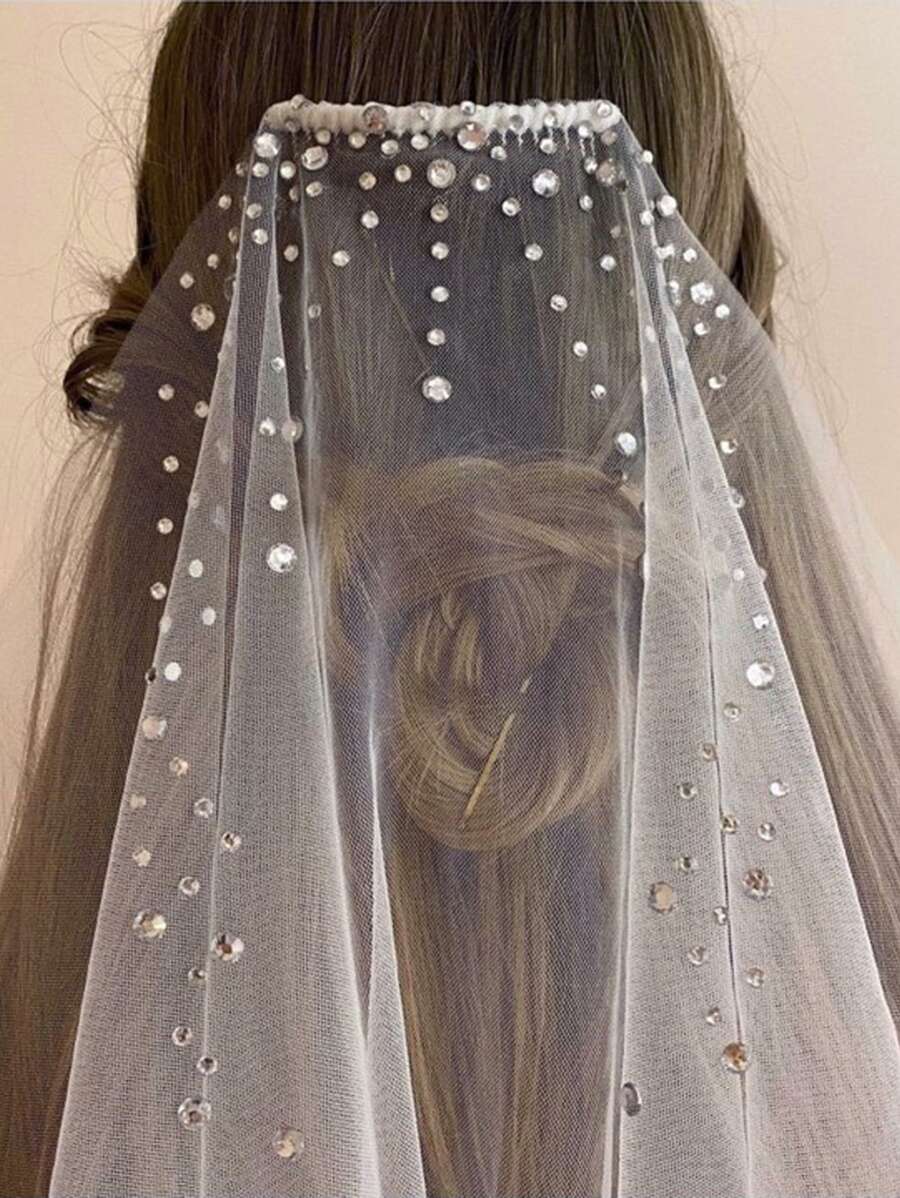女士水钻装饰新娘面纱秋装 - 白色 - 查看 1