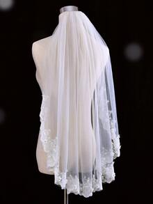 花朵与人造珍珠装饰新娘面纱 - 白色 - 查看 3