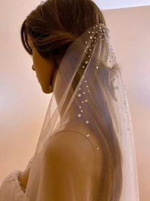 女士水钻装饰新娘面纱秋装 - 白色 - 查看 2