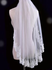 花朵与人造珍珠装饰新娘面纱 - 白色 - 查看 4