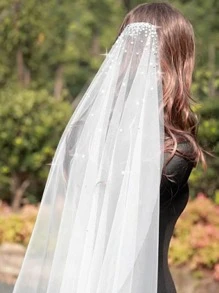 女士水钻装饰新娘面纱秋装 - 白色 - 查看 4