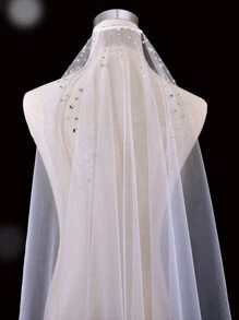 女士水钻装饰新娘面纱秋装 - 白色 - 查看 6