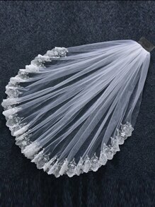 花朵与人造珍珠装饰新娘面纱 - 白色 - 查看 7