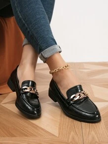 Crocodile Embossed Chain Decor Flat Loafers - Black - View 1