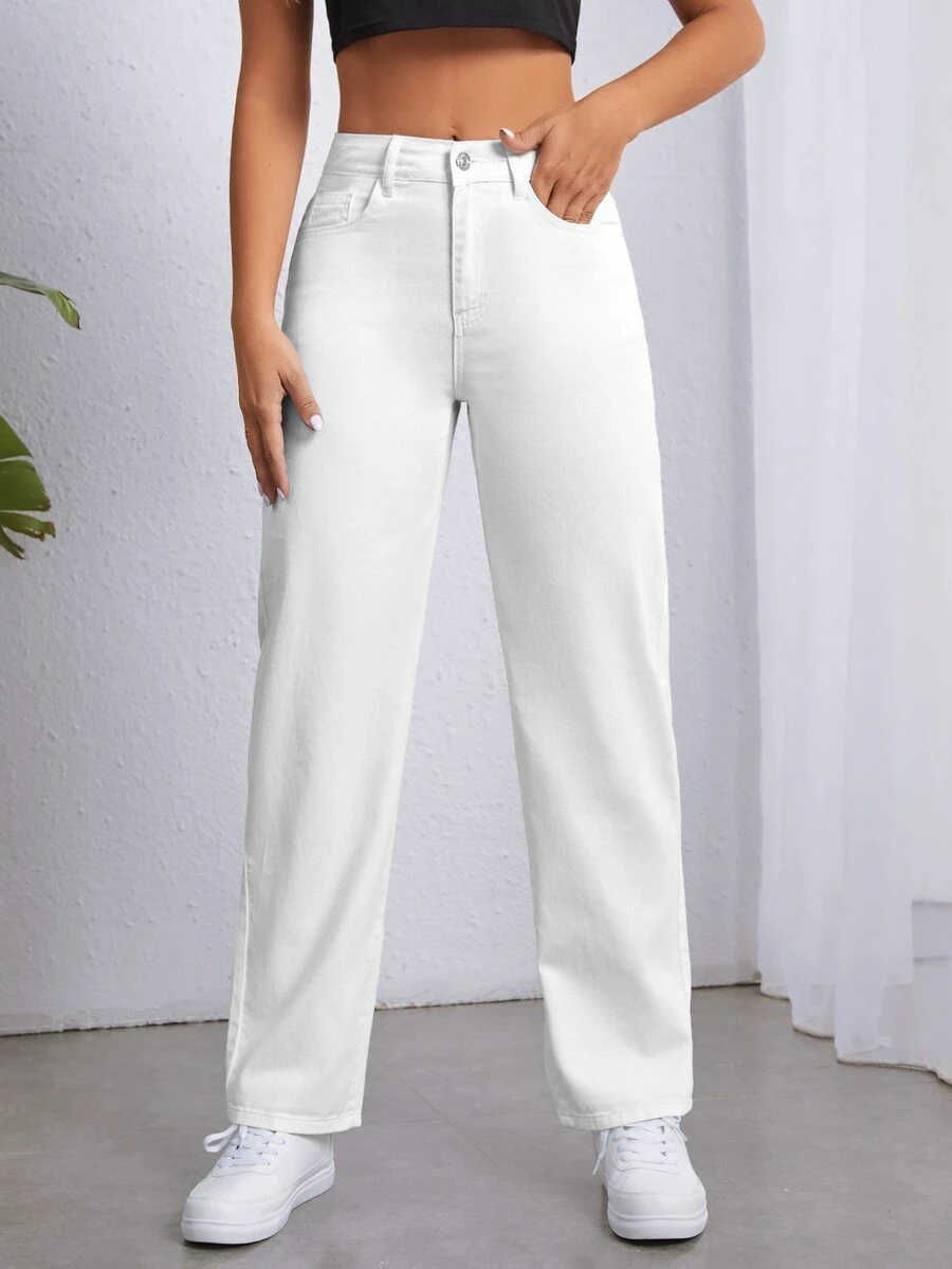 Zipper Fly Straight Leg Jeans - White - View 1