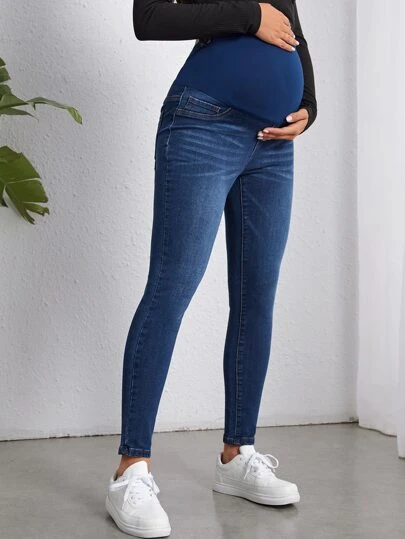 SHEIN Denim Bà bầu Túi màu trơn
