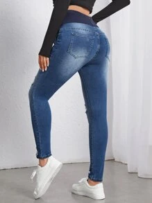 SHEIN Maternity Wideband Waist Ripped Frayed Skinny Jeans - Dark Wash - View 3