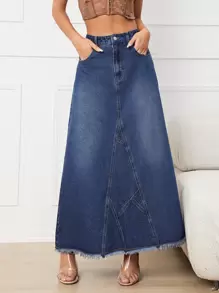 High Waist Raw Cut Denim Skirt - Dark Wash - View 1