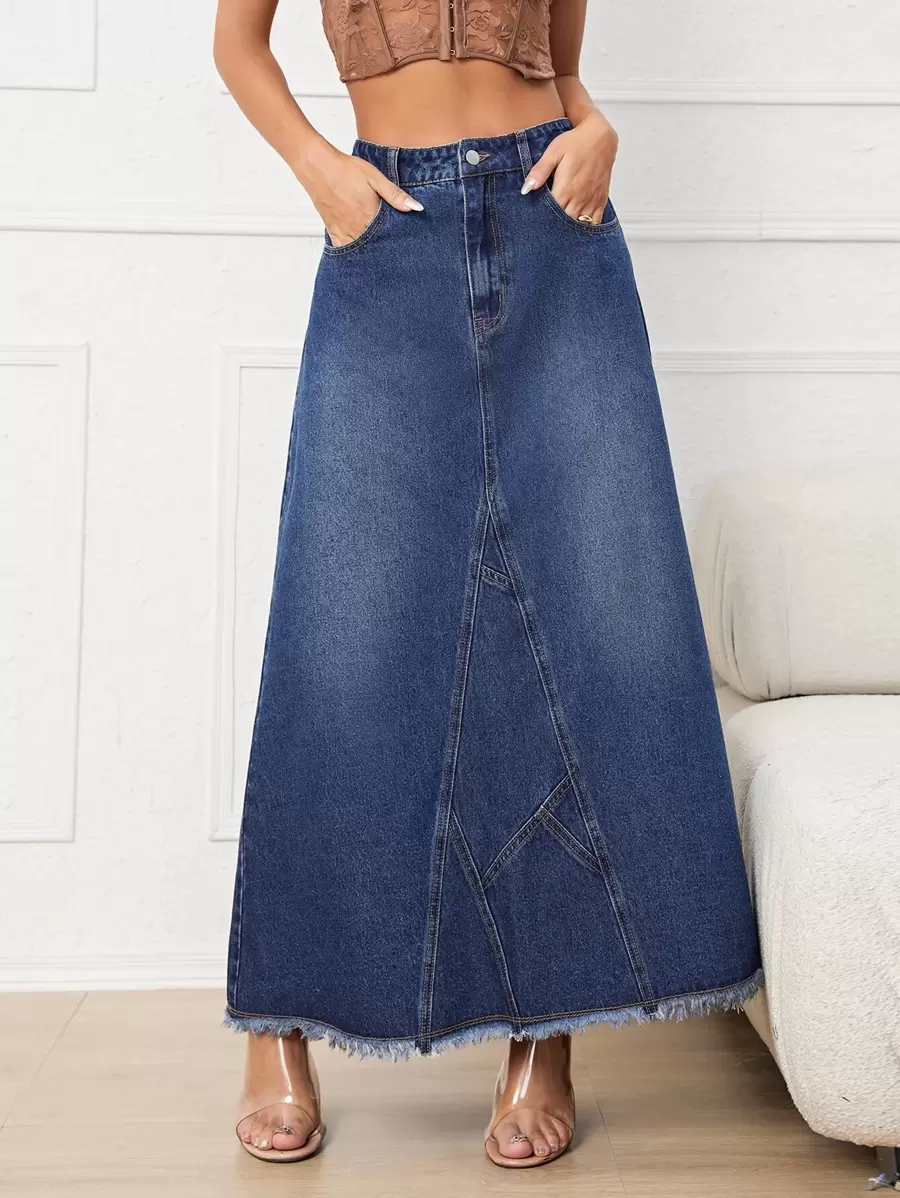 High Waist Raw Cut Denim Skirt - Dark Wash - View 1