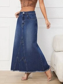 High Waist Raw Cut Denim Skirt - Dark Wash - View 3