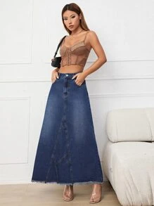 High Waist Raw Cut Denim Skirt - Dark Wash - View 5