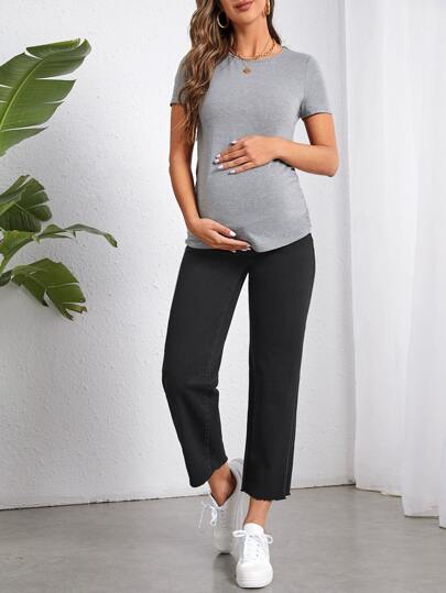 SHEIN Maternity Wideband Waist Raw Hem Jeans