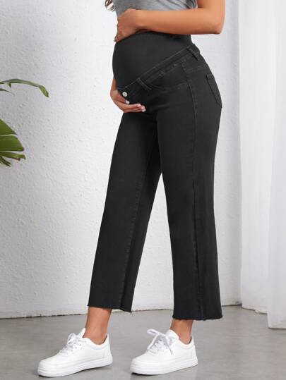 SHEIN Maternity Wideband Waist Raw Hem Jeans