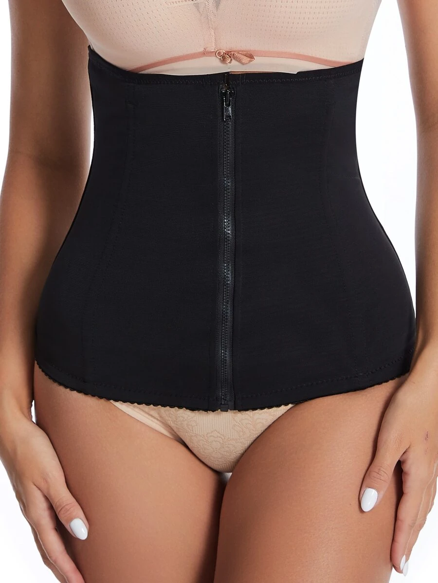 Black High Stretch Fabric Waist Trainer With Zipper For Tummy Control - Black - View 1
