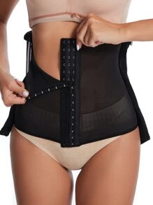Black High Stretch Fabric Waist Trainer With Zipper For Tummy Control - Black - View 7