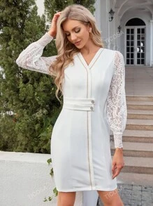 Contrast Lace Sleeve Button Front Bodycon Dress