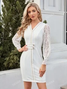 Contrast Lace Sleeve Button Front Bodycon Dress