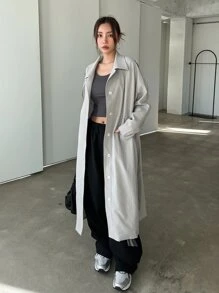 DAZY Button Front Raglan Sleeve Longline Trench Coat - Grey - View 2