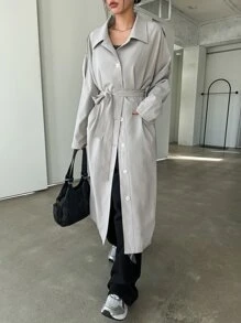 DAZY Button Front Raglan Sleeve Longline Trench Coat - Grey - View 3