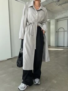 DAZY Button Front Raglan Sleeve Longline Trench Coat - Grey - View 4