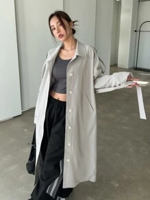 DAZY Button Front Raglan Sleeve Longline Trench Coat - Grey - View 8