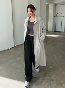 DAZY Button Front Raglan Sleeve Longline Trench Coat - Grey - View 6