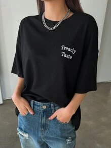 DAZY Embroidery Letter Graphic Drop Shoulder Tee - Black - View 2