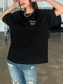 DAZY Embroidery Letter Graphic Drop Shoulder Tee - Black - View 3