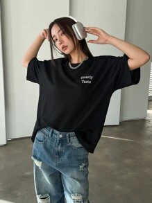 DAZY Embroidery Letter Graphic Drop Shoulder Tee - Black - View 4