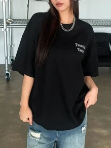 DAZY Embroidery Letter Graphic Drop Shoulder Tee - Black - View 6