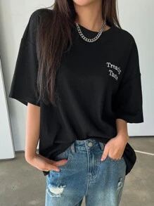 DAZY Embroidery Letter Graphic Drop Shoulder Tee - Black - View 8