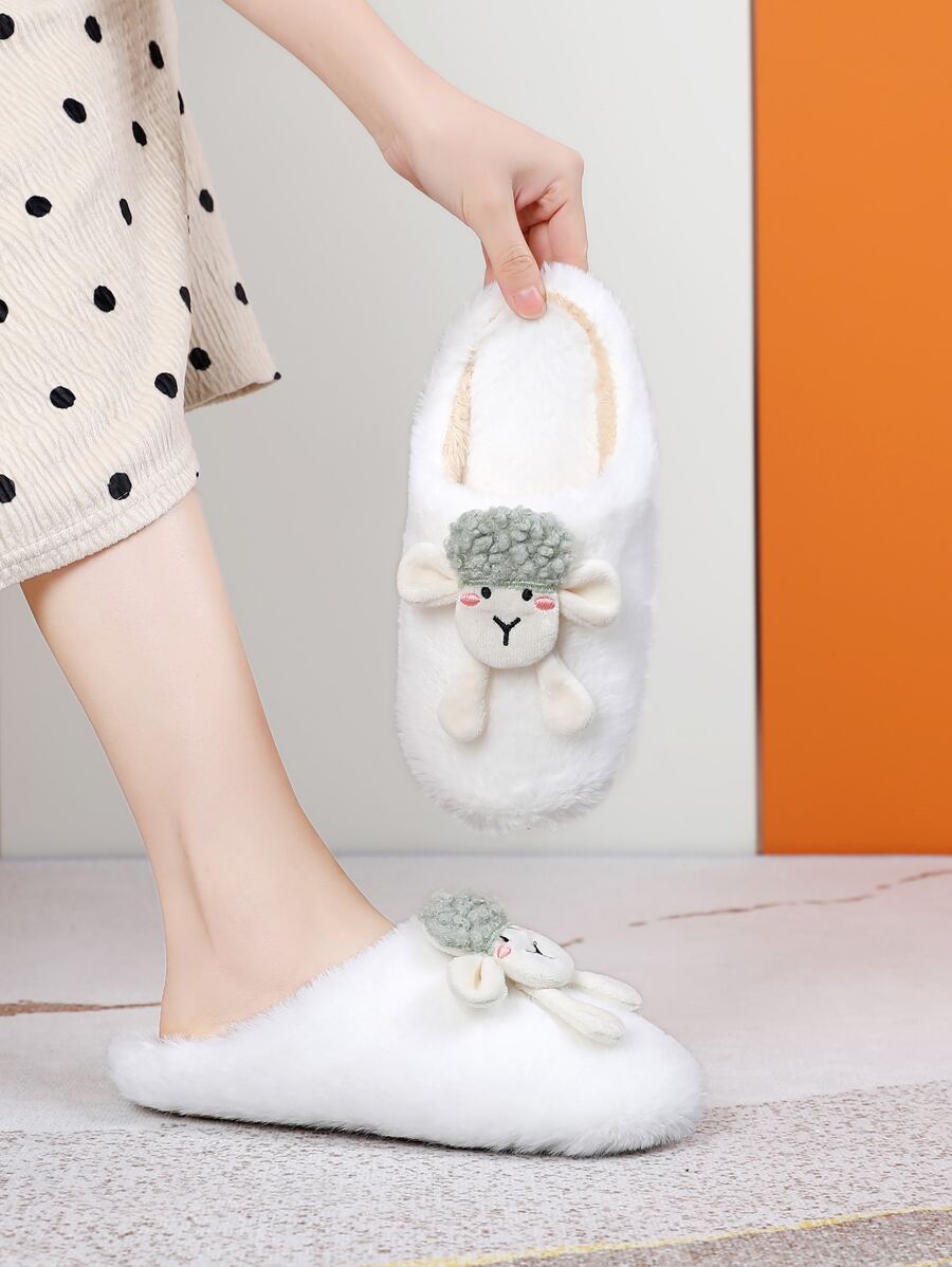 Cartoon Sheep Decor Fuzzy Novelty Slippers - White - View 1