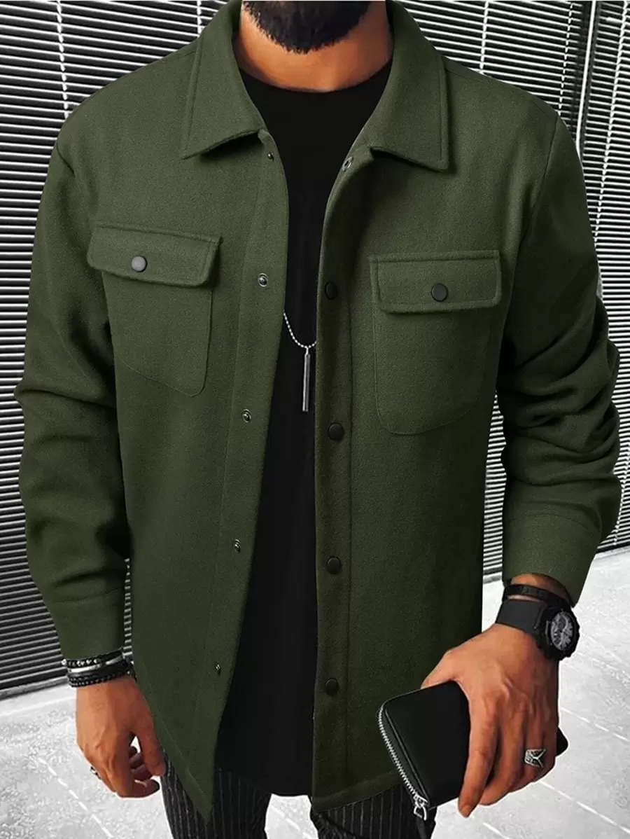 Manfinity Homme Men Long Sleeve Button Front Flap Pocket Overcoat , Fall Winter - Army Green - View 1