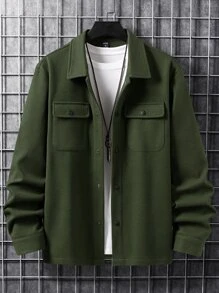 Manfinity Homme Men Long Sleeve Button Front Flap Pocket Overcoat , Fall Winter - Army Green - View 3