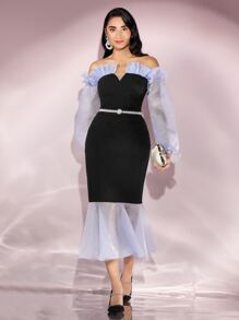 Modelyn Off Shoulder Contrast Mesh Top & Mermaid Hem Skirt Without Belt - Black - View 1