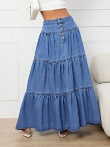 Button Fly Layered Hem Denim Skirt - Medium Wash - View 1