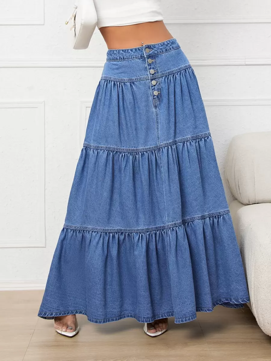 Button Fly Layered Hem Denim Skirt - Medium Wash - View 1