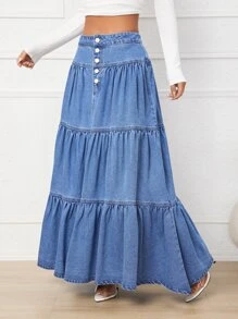 Button Fly Layered Hem Denim Skirt - Medium Wash - View 3