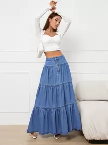 Button Fly Layered Hem Denim Skirt - Medium Wash - View 4