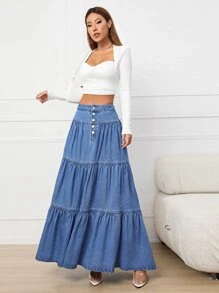 Button Fly Layered Hem Denim Skirt - Medium Wash - View 5
