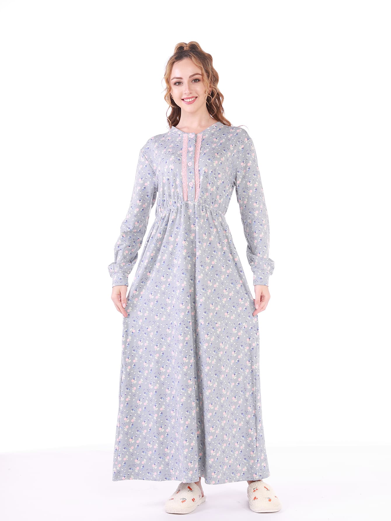 Ditsy Floral Print Contrast Lace Dress - Baby Blue - View 1