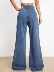 Jeans con bolsillo oblicuo de pierna ancha - Azul lavado medio - Ver 2