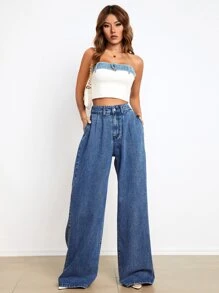 Jeans con bolsillo oblicuo de pierna ancha - Azul lavado medio - Ver 4